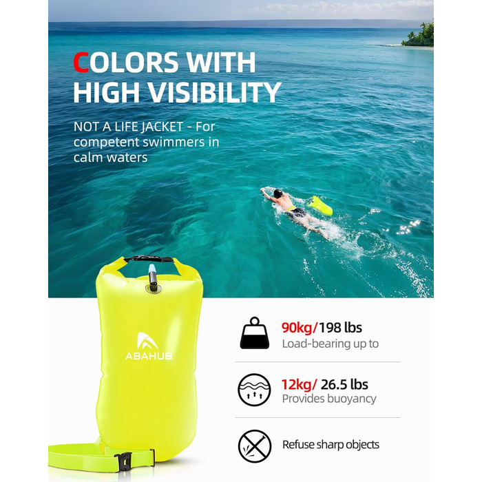 Плавальний буй Abahub з герметичним мішком (Dry Bag) для swimmers у відкритій воді, 15 л, зелений — водонепроникна допомога при плаванні з сигнальним свистком