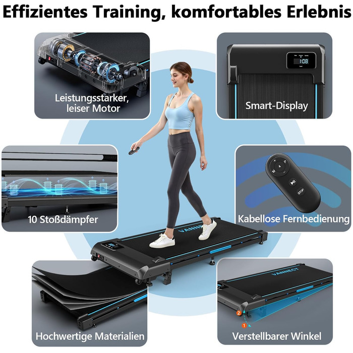 Walking Pad VANNECT: компактний біговий тренажер для дому з регулюванням нахилу, LED-дисплеєм та пультом керування. Максимальне навантаження 150 кг, без монтажу.