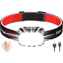 LED налобний ліхтар Blukar: перезарядна, надяскрава 2000L, регулювання яскравості, 5 режимів, датчик, червоне світло, водонепроникний, для кемпінгу, риболовлі та іншого. Чорний