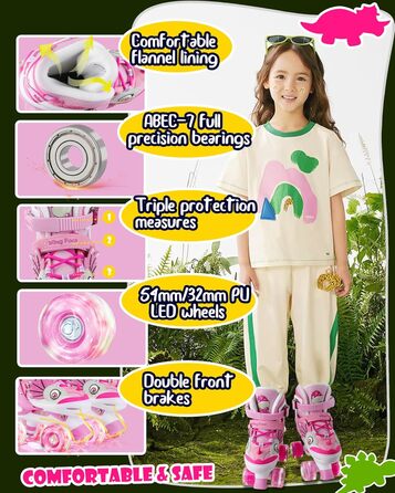 Ролики дитячі Kinder Dinosaurier з підсвічуванням, розмір регулюється, рожеві