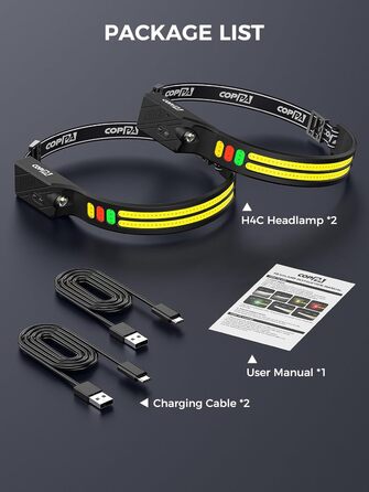Налобний ліхтар COPPA H4C LED з акумулятором (2 шт.) з функцією Floodlight та Spotlight. Білий, жовтий, червоний, зелений. Датчик руху для дітей, кемпінгу, бігу, риболовлі, альпінізму, ремонту, джогінгу