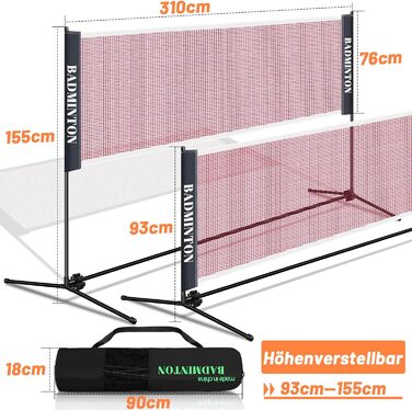 Мережа для бадмінтону та тенісу Icodm портативна, з регульованою висотою, складана для саду, приміщення, вулиці - 3.1 м