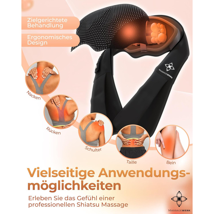 Масажер MASSAGEWERK Shiatsu для шиї та спини, електричний з функцією підігріву, чорний, для зняття м'язових болів та напруги, ергономічний