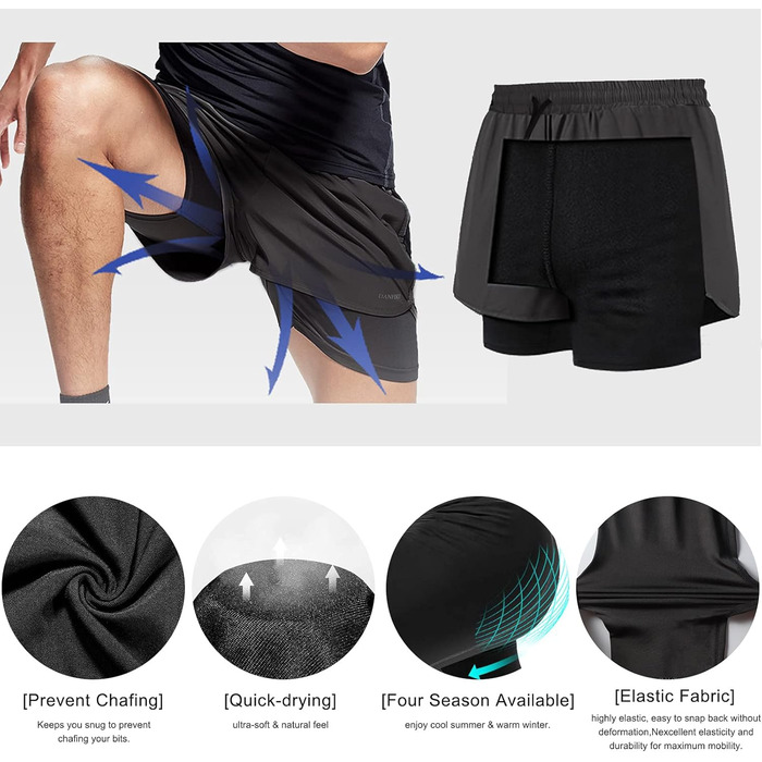 Чоловічі спортивні шорти для бігу 2 в 1, швидковисихаючі, легкі, для тренувань, гімнастики, аутдору, марафону, чорного кольору