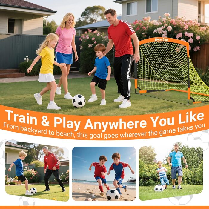 Ворота для футболу Dimples Excel Pop-Up – розкладні для дітей | 1 або 2 шт. у розмірах 120x90 / 152x110 / 213x152 см | 3 кольори на вибір | Опційно з м'ячем, насосом, фігурками та мішенню | Для саду та як подарунок (2-152x110 Оранжевий+Аксесуари)