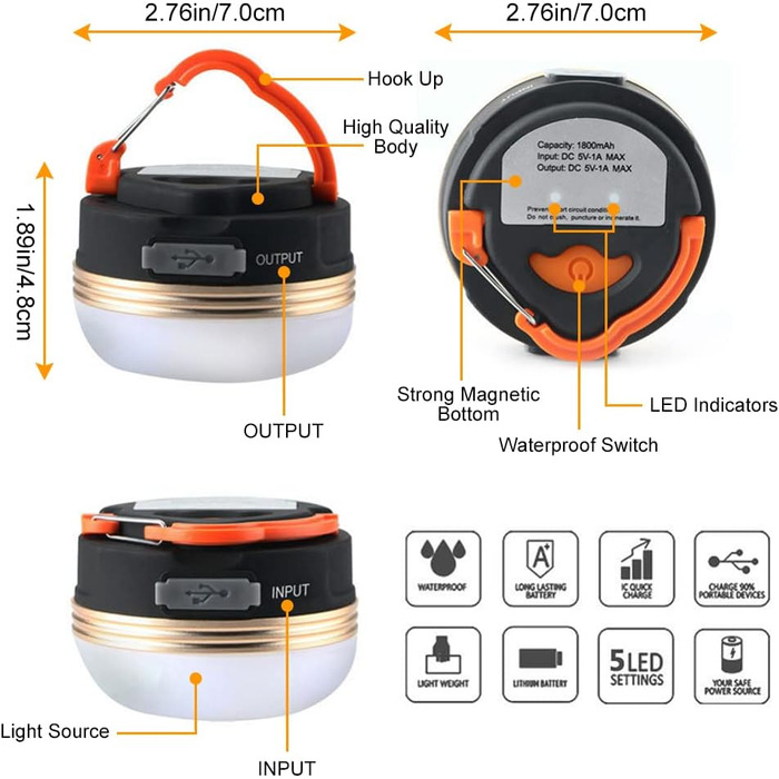 Ліхтар кемпінговий Flintronic LED, 2 шт., USB зарядка, Powerbank 1800mAh, 4 режими, помаранчевий - для походу, риболовлі, аварійного освітлення