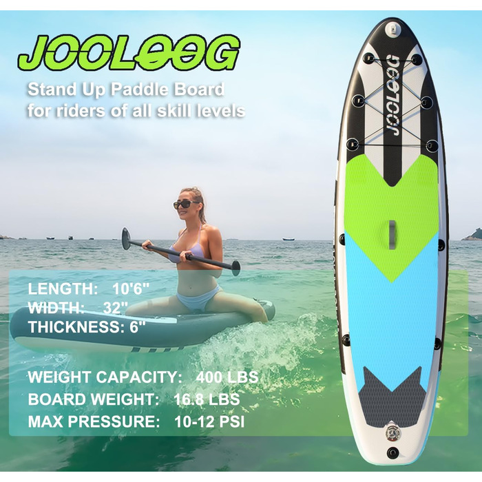 Надувний SUP-борд JOOLOOG Stand Up Paddle Board з сидінням для каяка, 320x81x15 см, чорно-синій