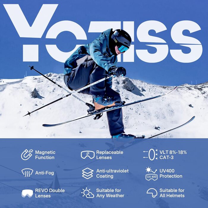 YOZISS OTG Скі-маска для чоловіків та жінок, Магнітна сноуборд маска Anti-Fog & 100% UV-захист, YOZISS Скі-маска для сноубордингу та зимових видів спорту Магнітна PRO-Blue