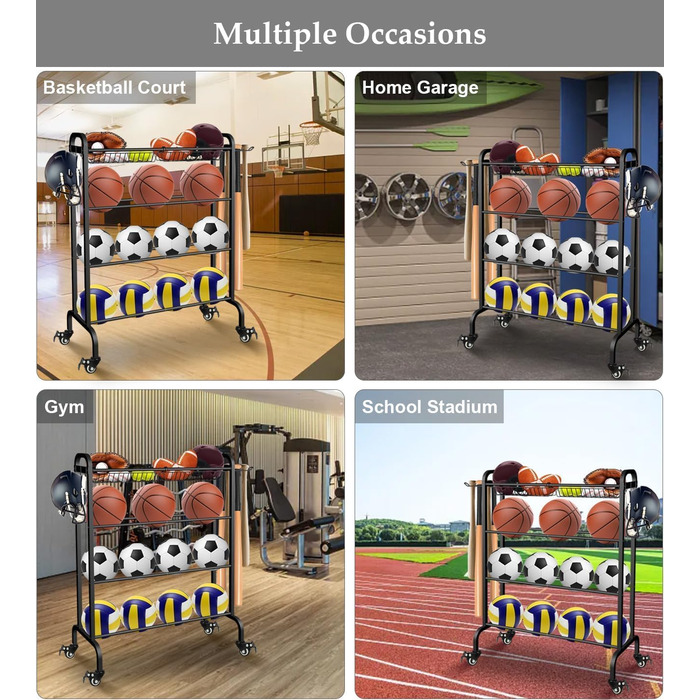 Стійка для м'ячів на колесах, 4-ярусна: баскетбол, футбол, волейбол, чорна