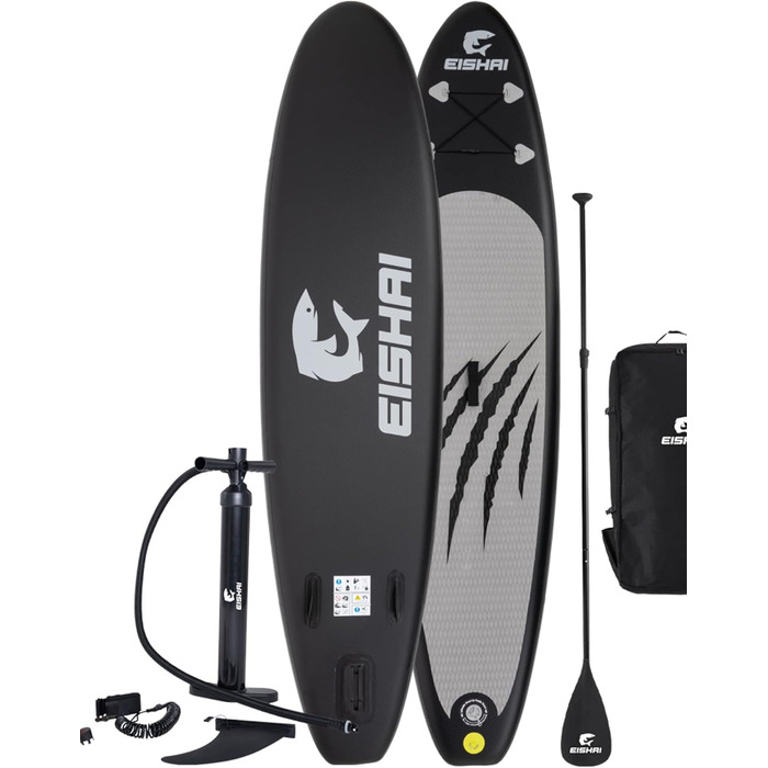 Надувна SUP-дошка EISHAI Sharkbite, комплект 7-в-1, з веслом, ременем безпеки, насосом, ремкомплектом, для жінок і чоловіків, навантаження до 130 кг, компактна, чорна