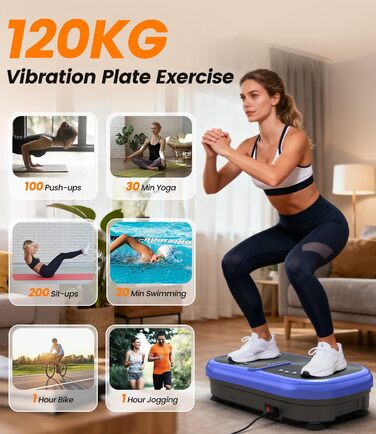 Вібраційна платформа для фітнесу 200W з пультом, 120 рівнів, ультразвук & гумові ніжки – для домашніх тренувань, підтяжки м'язів та відновлення, ідеально для жінок та літніх людей (Блакитна)