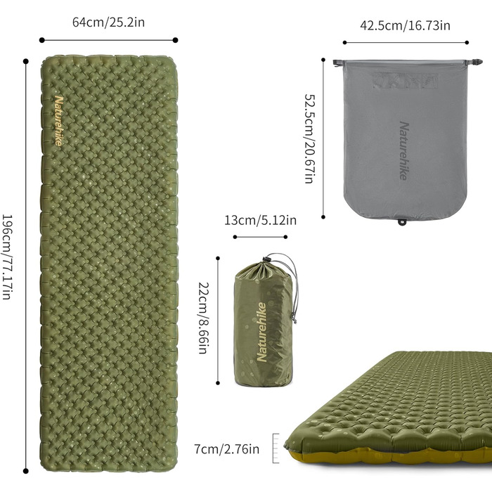 Килимок туристичний Naturehike Ultraleichte самонадувний, 3.5R, великий, зелений, для кемпінгу, трекінгу, альпінізму, подорожей