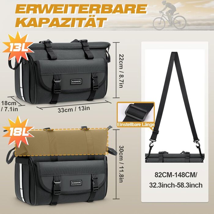 Велосумка RAINSMORE 3-в-1 для багажника 18L, розширювана, водонепроникна, з відбивачами, регульована, сіра