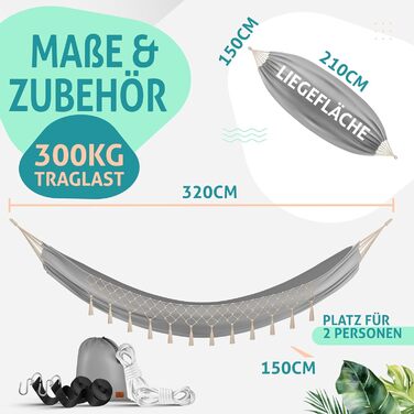 Гамак KESSER® 320x150 см, до 300 кг, сірий – для кемпінгу, саду та відпочинку на природі (з мішком, мотузками та ременями)