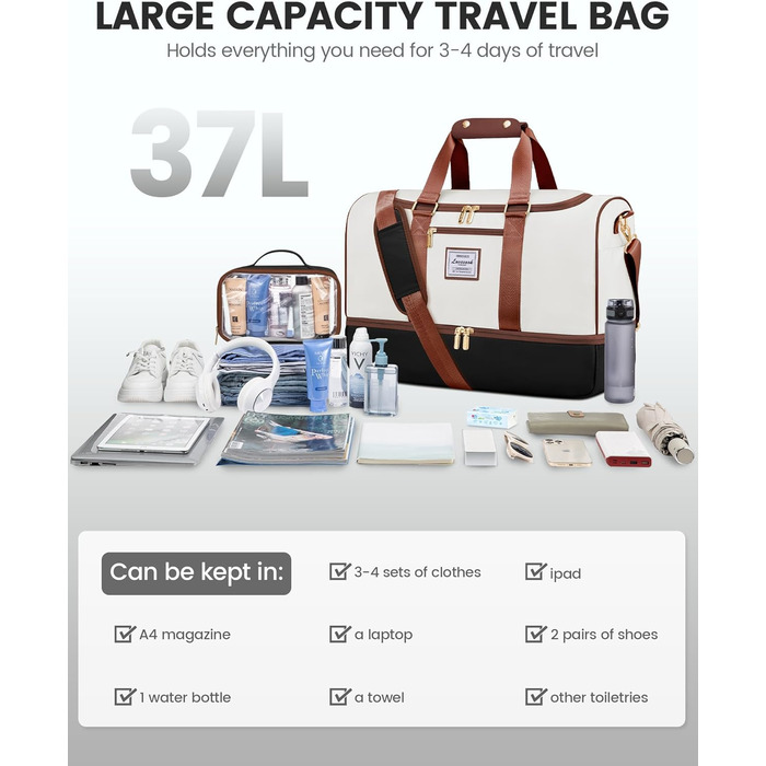 Сумка-валіза LOVEVOOK 37L, 3-в-1: валіза, сумка для пологів, спортивна сумка. Водостійка, з відділенням для взуття та мокрих речей. Підходить для подорожей, спорту, відпустки. (M, Бежево-чорно-коричневий)