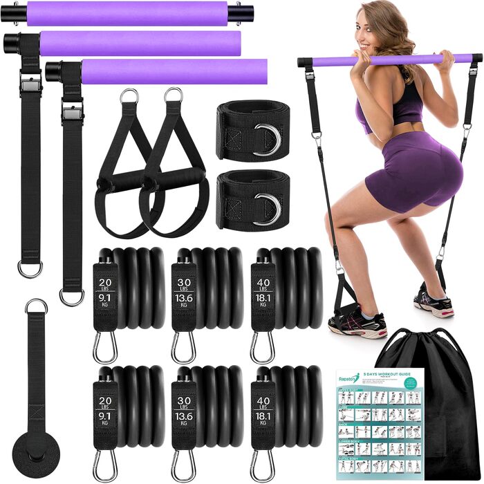 Pilates Bar WenYa з гумовими стрічками для фітнесу (81,6 кг), фіолетовий: набір для пілатесу, йоги, дому та спортзалу з манжетами для ніг та кріпленням на двері