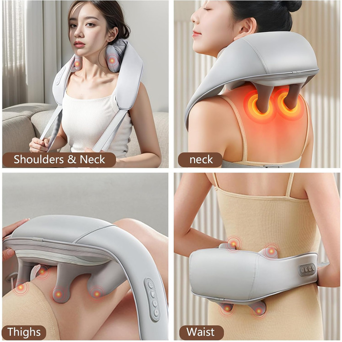 Електричний масажер для шиї та плечей Shiatsu з підігрівом, 4D масаж, бездротовий, для чоловіків та жінок, сірий A