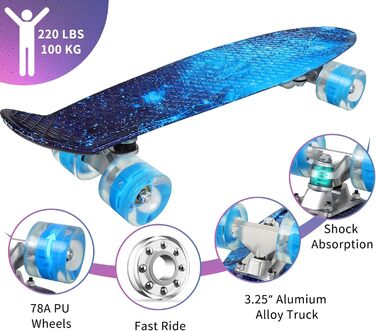 Скейтборд BELEEV 22 дюйми Mini Cruiser з LED колесами та T-Tool, для дітей, підлітків, дорослих, Galaxy Blue