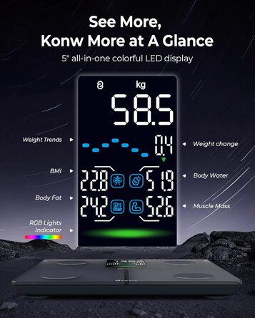 Ваги Ovutek для людей, цифрові ваги з аналізом складу тіла, 180 кг, дисплей, BMI, жир, м'язи, вода, 14 показників, фітнес-додаток, чорний