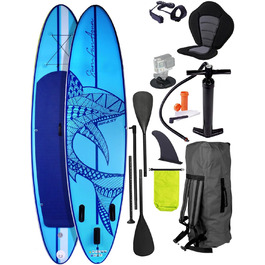 Надувний SUP Board BRAST Shark | Комплект для станд-ап паддлбордингу | 320x81x15см | 8 дизайнів | 5 років гарантії | з аксесуарами | 2в1: SUP Board та каяк | тримач для Action Cam, лапка, насос, рюкзак | Синій