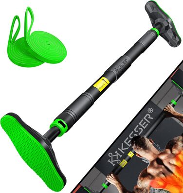 KESSER® Турнік для дверей регульований, турнік для домашніх тренувань, турнік без свердління, висувний 68-106 см, вантажопідйомність до 300 кг, з неслизькими ручками, з еластичними стрічками (зелені)