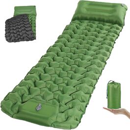 TENQUAN Килимок для кемпінгу самонадувний, 9см, для сну, відпочинку, подорожей, з насосом, для авто, намету, трекінгу, пляжу (Pfauen/Grau) (Grün)