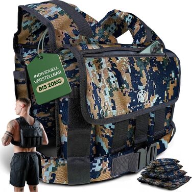 Вага для тренувань PURE MAJIN® з регулюванням, кишеня та металевий ремінь | Фітнес, воркаут, біг, калістеніка, обладнання, вага, тренувальна жилетка | Камуфляж, 20 кг