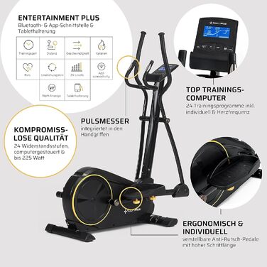 Еліптичний тренажер SportPlus для дому - тихий крос-тренажер з магнітним опором та комп'ютером - компактний та щадячий для суглобів з 24 рівнями опору - до 150 кг, чорний/сонячний (сумісний з додатком & новий дизайн)