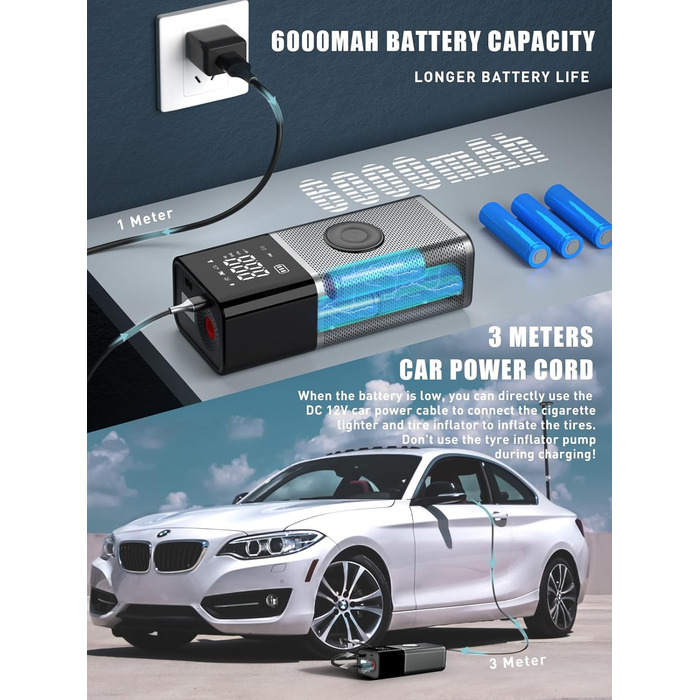 OneAmg електричний насос-компресор 6000мАг USB, 150PSI/10,3Бар, 12В/120Вт, портативний для велосипедів, авто, мотоциклів, м'ячів, з LED-підсвіткою і 5 режимами накачування