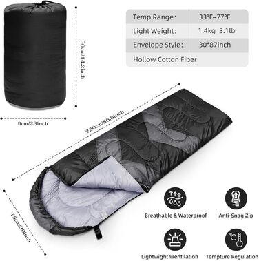 Спальний мішок 3-4 сезони для кемпінгу та відпочинку на природі. Теплий, водонепроникний, легкий спальник для дорослих та дітей. Чорний колір.