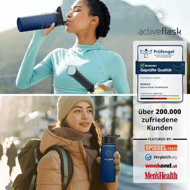 Фляга ACTIVE FLASK з нержавіючої сталі з трубочкою (3 кришки), BPA-free, не протікає, підходить для газованої води - спортивна фляга, термофляга, ізотермічна фляга для дітей, 530 мл, Navy Blue