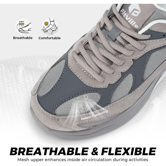 Жіночі кросівки FitVille для бігу та фітнесу, широка колодка, повітряна амортизація, сірі, 38.5 EU