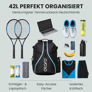 Рюкзак для тенісу Otaro з відділенням для взуття, ноутбука та термо-відділенням для ракеток, 42л, Чоловічий/Жіночий, з кишенями для води та м'ячів, з дощовиком та мішком для брудної білизни - Чорно-Синій
