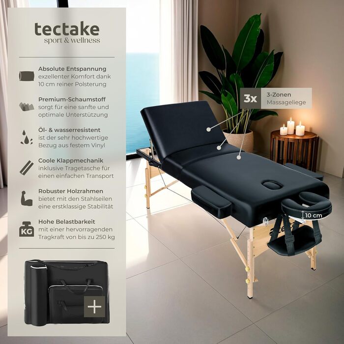 Складаний масажний стіл Tectake, 3-зонний, регульована висота, 10 см м'яка оббивка, переносний, з підголівником, підлокітниками, дерев'яними ніжками та сумкою, чорний