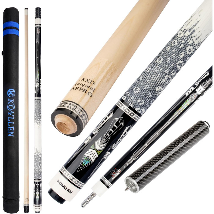 Більярдний кий Konllen Dragon-1 з низькою відволікаючою лінією, подовженням та чохлом (10.5 мм, 11.5 мм, 12.5 мм наконечник Tigerspitze, XTC-чохол, 3/8 x 8 радіальний штифт, 147 см довжина).