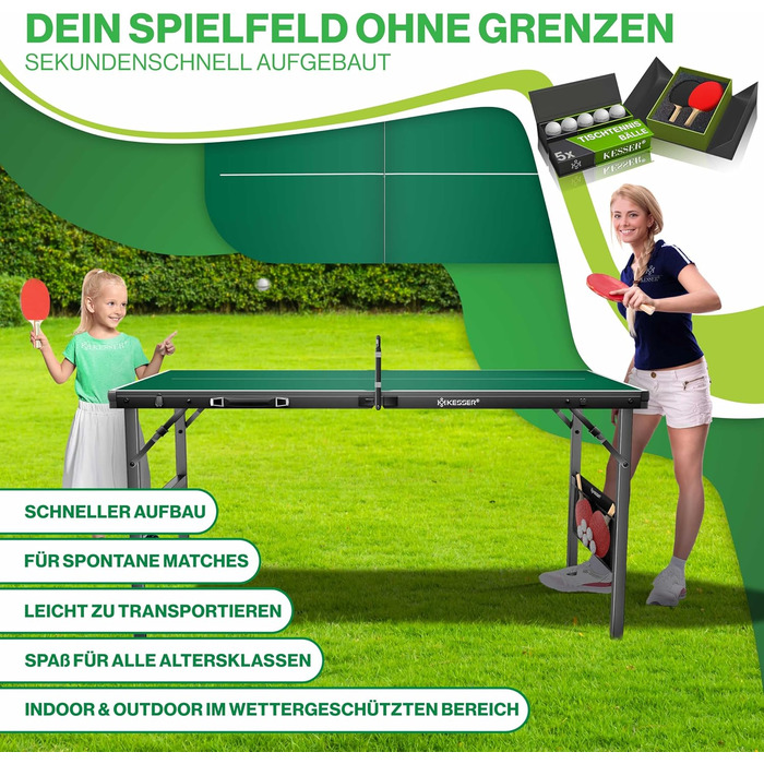 Набір для пінг-понгу KESSER® Mini з столом, ракетками, м'ячами та сіткою | Внутрішнє використання, портативний | Ламінована стільниця, складаний дизайн-кейc, для дітей та дорослих – 153 x 76,5 см, зелений