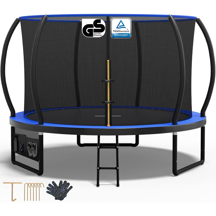 Трамплін Devoko Outdoor: Ø 228/305/366/427 см, сертифікат TÜV Rheinland GS, з сіткою безпеки, для саду, з драбиною та мішком для взуття, блакитний