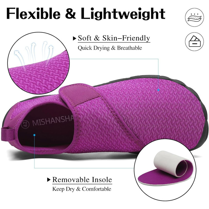 Шкарпетки-шкарпетки Mishansha для відпочинку на воді, швидковисихаючі, антиковзкі, для активного відпочинку, розмір 36-46 (42 EU), колір: фіолетовий