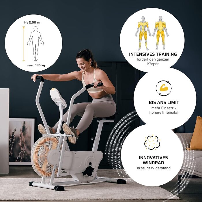 Велотренажер SportPlus Profi Air Bike з повітряним опором, сумісний з додатками, для HIIT, розумний комп’ютер, навантаження до 135 кг, новий дизайн