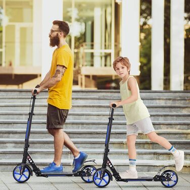 GYMAX Станкер для трюків (вікові обмеження: діти та дорослі), розкладний, з колесами 200 мм, подвійна підвіска, дзвінок та ремінь для перенесення, до 100 кг, блакитний