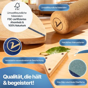 Балансборд дерев'яний у формі серфа з роликом для тренування нейром'язової відповіді + підставка, колір: бежевий або світло-коричневий