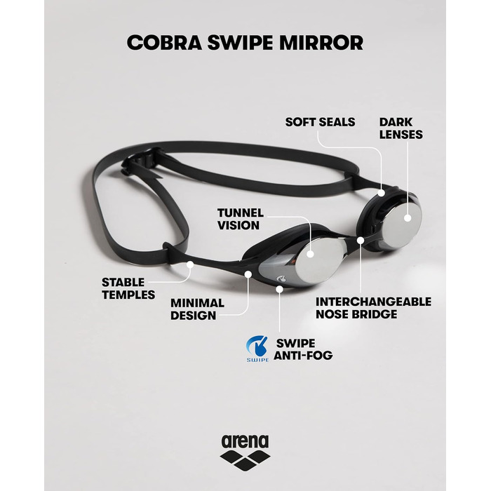 Окуляри для плавання Arena Cobra Original Swipe Mirror для дорослих, дзеркальні лінзи, антифог, UV-захист, 4 змінні перенісся, унісекс, для змагань