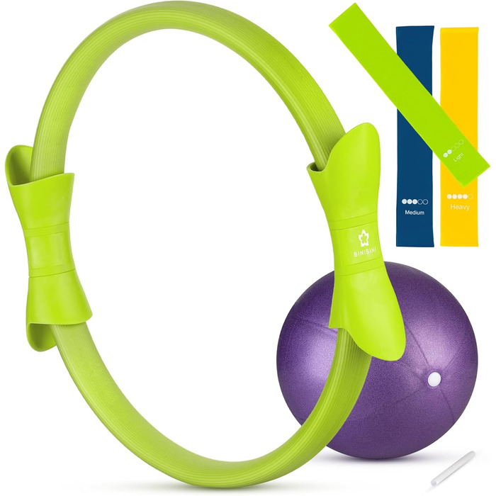 Набір для пілатесу BINIBINI®: кільце, м'яч та фітнес-гумки - 5-ти елементний комплект для дому - включає м'яч для йоги та 3 гумки Terra Band