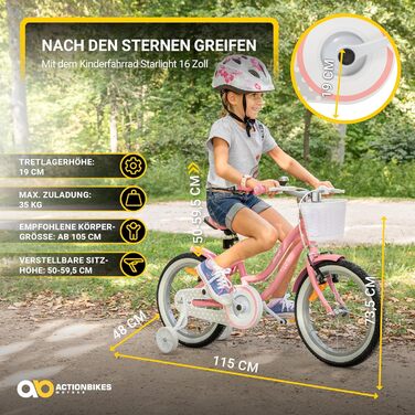 Дитячий велосипед Actionbikes Starlight 12/16/20 дюймів, V-Brake, для хлопчиків і дівчаток, з крилами, для дітей 2-9 років