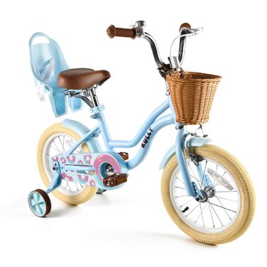 Дитяче велосипед RULLY для дівчаток з додатковими колесами, кошиком та сидінням для ляльки, регульоване сидіння, 2-7 років, блакитний, 16 дюймів