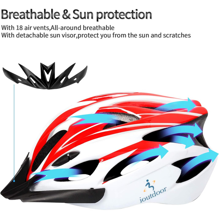 Велосипедний шолом ioutdoor для дорослих, CE EN1078, EPS + PC, знімний візор, регульований (56-62 см), червоно-білий