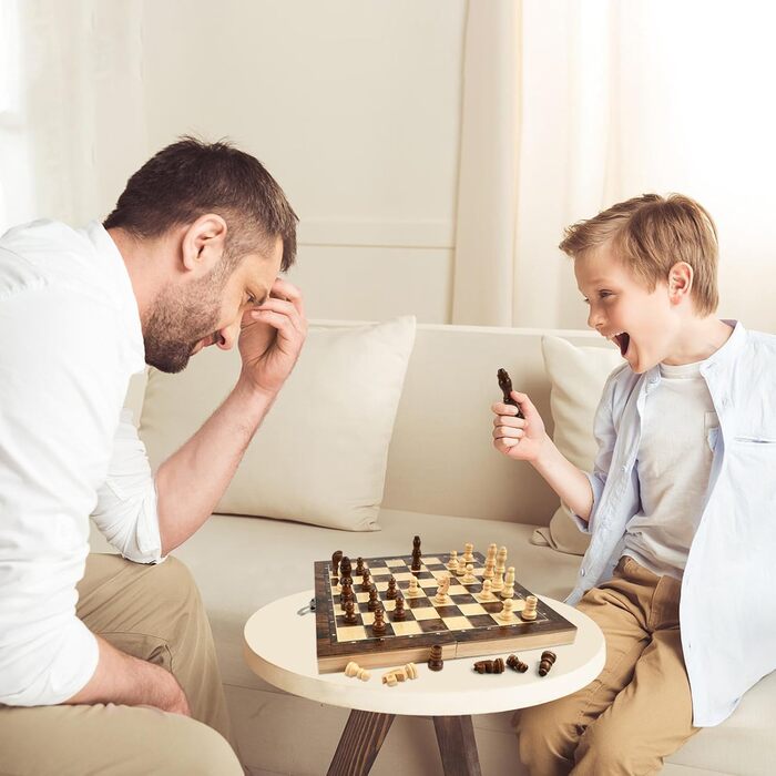 Шаховий набір дерев'яний 3 в 1 з шахами, шашками та настільною грою, преміум-якість, складаний, для дітей та дорослих, 24 см