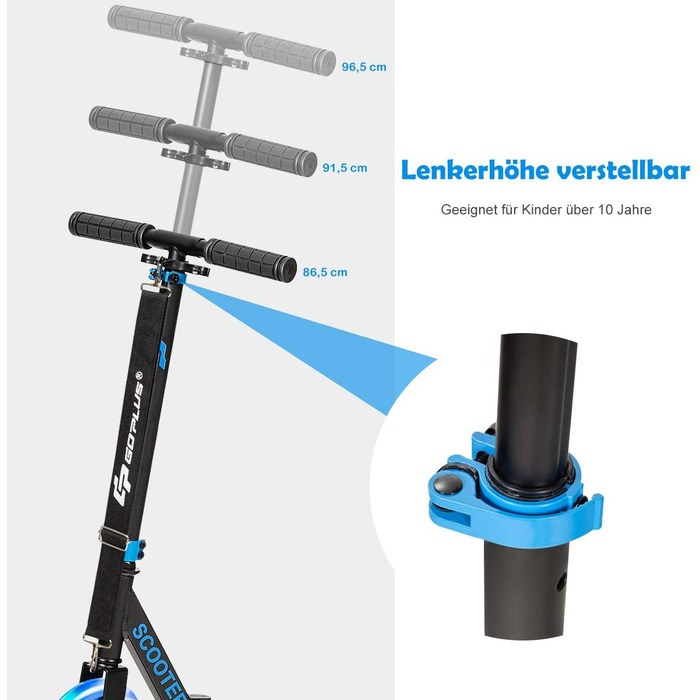 Дитячий трюковий самокат GOPLUS Roller Kinder 10 років, 3-ступенева регулювання висоти, алюмінієвий, складної конструкції, з LED-колесами, гальмом на задньому колесі, ременем та підставкою, до 100 кг (Блакитний)