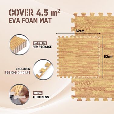 Набір модульних підлогових матів Yes4All для фітнесу та спортзалу, пазл-килим захисний (12 плиток 60x60 см, 4.5 м²), колір світлий дуб
