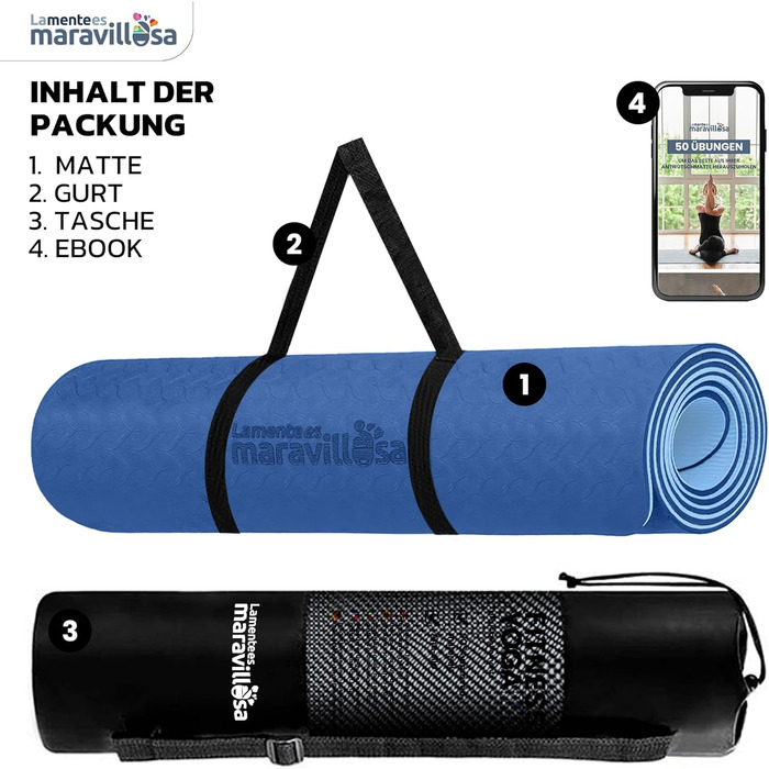 Килимок для гімнастики та йоги LA MENTE ES MARAVILLOSA з неслизькою поверхнею, сумкою та електронною книгою для занять фітнесом, пілатесом та воркаутом. Розмір 183x61 см, колір: блакитний мандала + блакитний